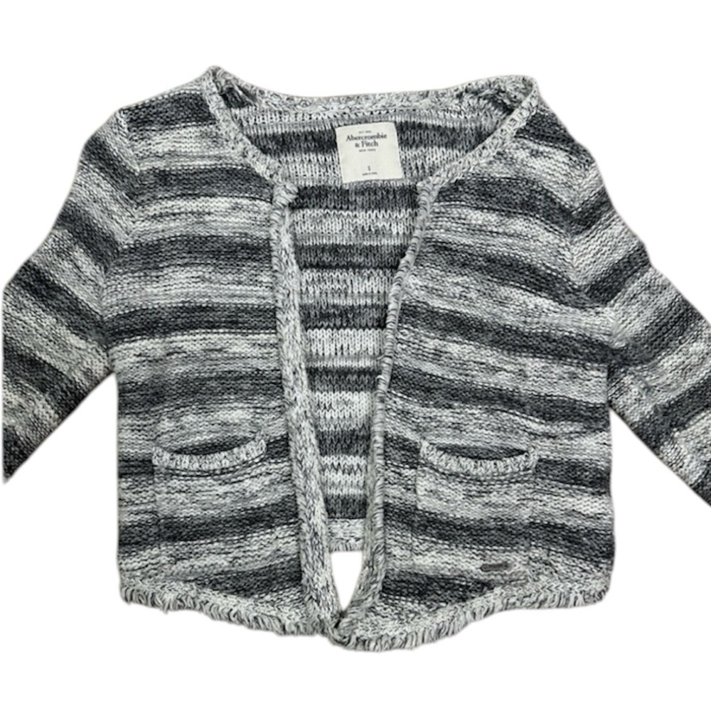 Abercrombie & Fitch Gray Striped Fringe Cropped Open Front Cardigan Small